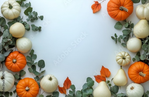 Autumn Harvest Arrangement With Pumpkins and Eucalyptus Leaves on White Backg...