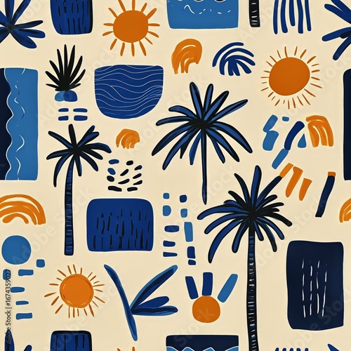 Colorful Abstract Design With Tropical Elements and Sun Motifs on a Light Bac...
