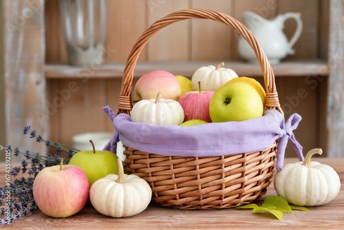 Wallpaper Mural Basket with pastel apples and tiny white pumpkins Torontodigital.ca