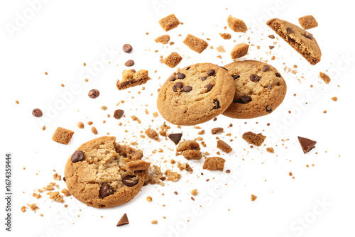 Pile cake crumbs, cookie pieces flying isolated on white, clipping path.