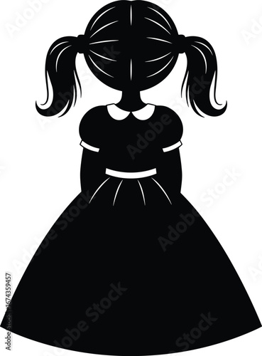 Cute little girl silhouette vector illustration with pigtail hairstyle, wearing dress, back view child design, adorable young female kid artwork drawing