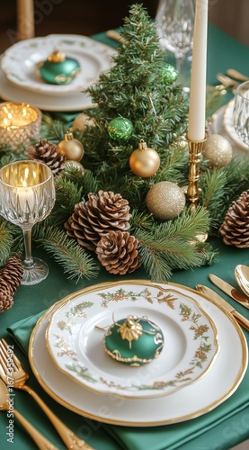 Elegant Holiday Dining Setup With Green and Gold Decorations Featuring Pineco...