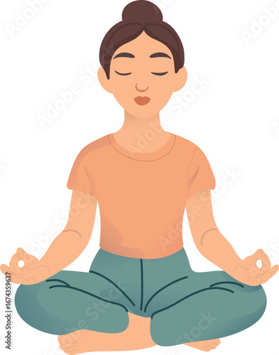 Flat vector illustration of a young woman meditating in lotus pose with closed eyes. Perfect for yoga designs, mindfulness projects, wellness themes, and relaxation visuals.