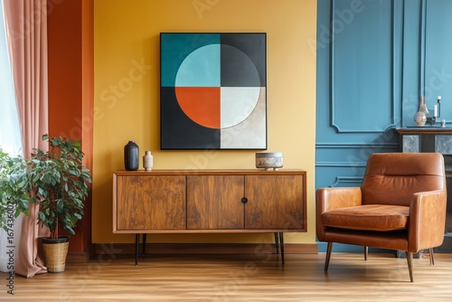 Contemporary Living Room With Colorful Wall Art and Modern Furniture in Styli...