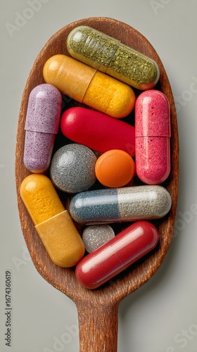 Colorful Assortment of Dietary Supplements and Vitamins Resting on Wooden Spoon
