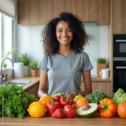 Young woman arranging fresh fruits and vegetables on kitchen counter