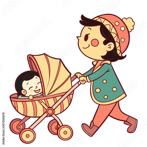 Baby in Stroller Vector Illustration, Isolated on White