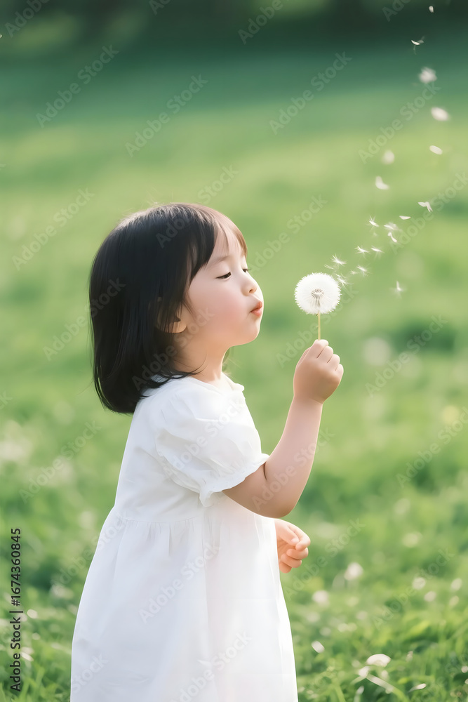 Little girl blowing dandelion in field Little girl blowing dandelion in field