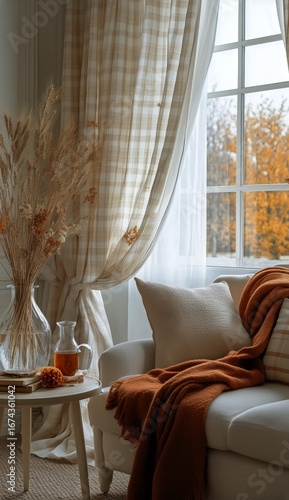 Cozy Autumn Living Room With Warm Colors and Natural Elements Near Fields.