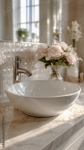 Elegant Bathroom Sink With Flowers in a Well-Lit Setting During the Day.