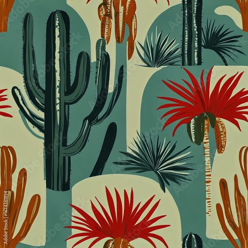 Stylized Botanical Pattern Featuring Red Flowers and Green Foliage on a Muted...