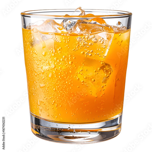  lass of cold orange juice with ice and bubble of ambarella side view isolated on transparent and white background