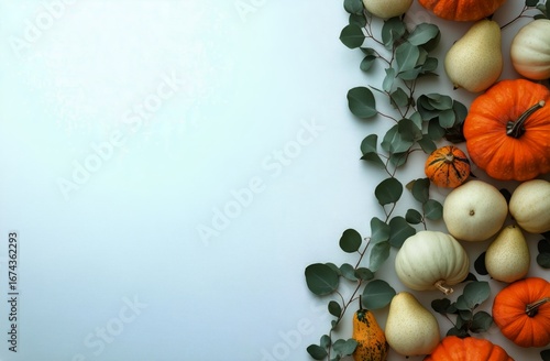 Colorful Autumn Harvest With Pumpkins and Gourds Arranged on a Light Background