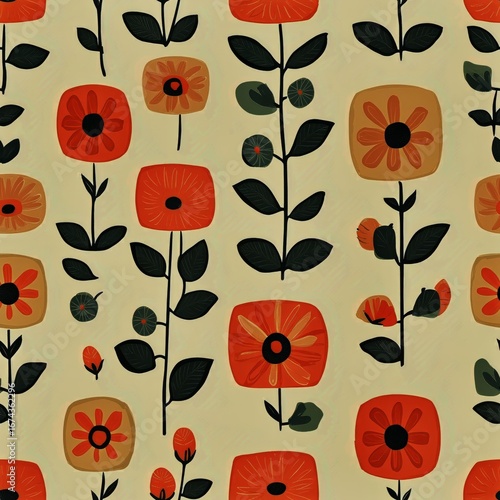 Colorful Floral Pattern With Abstract Shapes and Vibrant Colors on a Light Ba...