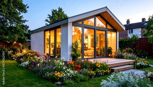 Modern garden studio at dusk