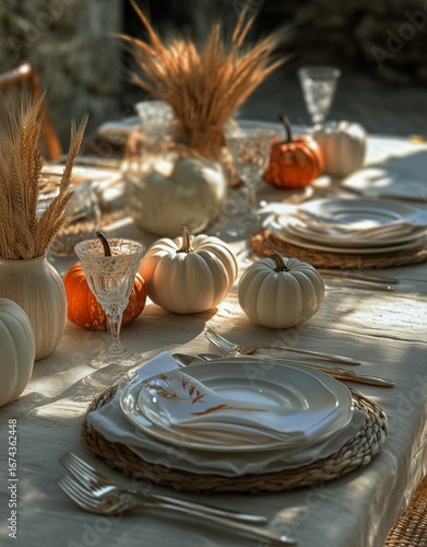 Elegant Autumn Table Setting With Pumpkins Near a Scenic Outdoor View.