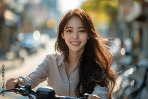 Young Woman With Long Hair Enjoys Biking in a Sunny Street During Afternoon H...