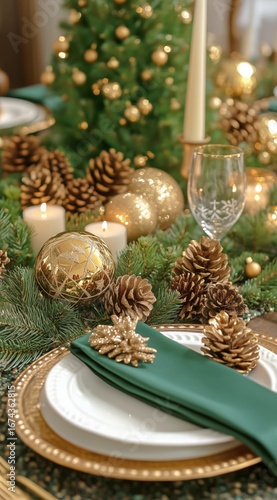 Elegant Holiday Dining Setup With Green and Gold Decorations Featuring Pineco...