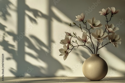 Elegant Magnolia Flowers in a Simple Vase Casting Shadows on a Wall in Warm L...
