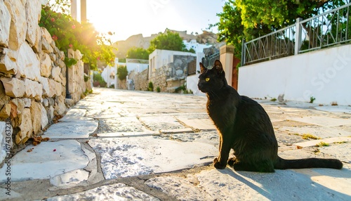 Fototapeta Naklejka Na Ścianę i Meble -  Black cat on a Greek street at sunrise