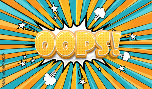 A template for cartoon comics with the text "oops" in an explosive speech bubble on a cyano-orange background. A pop art style template for superhero text in comics. Vector illustration.