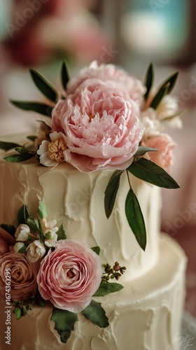 Beautiful Wedding Cake Adorned With Pink Roses and Floral Details on Display at a Celebration