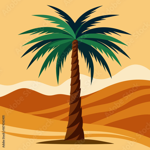 Vibrant desert oasis scene featuring a lone palm tree against rolling sand dunes under a warm, golden sky, evoking a sense of peaceful solitude and natural beauty.