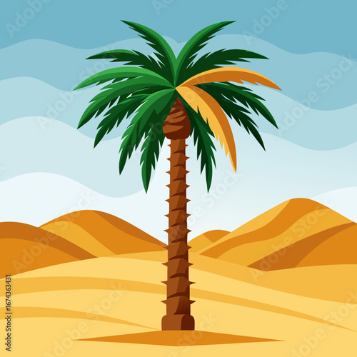 Vibrant desert landscape showcases a solitary palm tree standing tall amidst rolling sand dunes under a clear blue sky with stylized clouds, evoking a sense of tropical oasis and adventure.
