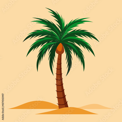 Vibrant tropical palm tree with lush green fronds stands tall on golden sand dunes, evoking a serene beach paradise and carefree summer vibes for your next project.