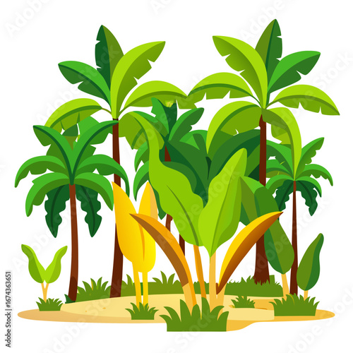 Lush tropical jungle scene with vibrant green palm trees and exotic foliage, creating a serene and inviting natural paradise perfect for vacation or adventure themes.