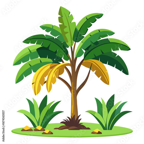 Vibrant banana tree with lush green leaves and ripening yellow fruit blossoms, surrounded by tropical foliage and earthy ground, perfect for nature and exotic themes.