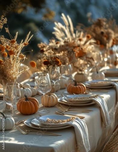Autumn Harvest Table Setting With Pumpkins and Floral Arrangements in a Tranq...