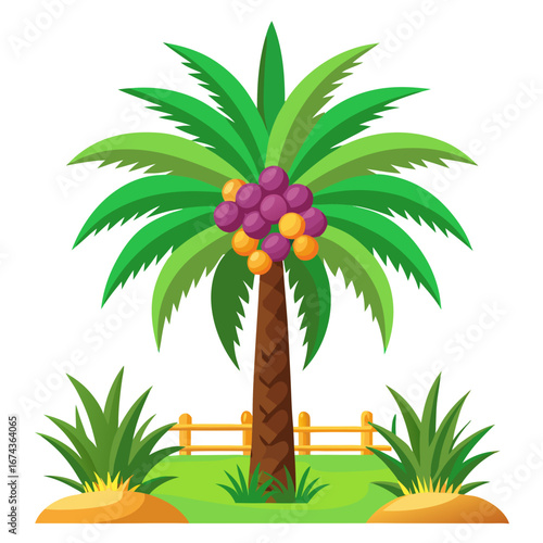 Vibrant palm tree laden with ripe purple and yellow fruits stands tall amidst lush green foliage and a quaint wooden fence, evoking tropical paradise.