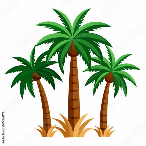 Vibrant tropical scene featuring three lush green palm trees with brown trunks and sandy ground cover, perfect for summer vacation promotions or beach-themed designs.