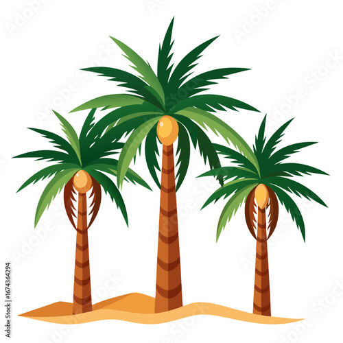 Vibrant tropical palm trees with lush green fronds and golden coconuts stand tall on sandy shores, evoking sunny paradise vacation vibes and serene beach escapes.