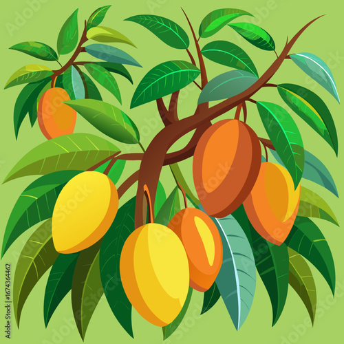 Vibrant, juicy mangoes ripen on lush green branches, showcasing nature's bounty with a modern, stylized artistic touch, perfect for healthy living and tropical themes.
