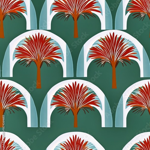Vibrant Tropical Pattern Featuring Palm Trees and Cacti in an Artistic Design.