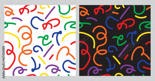 Fun line doodle scribble seamless pattern. Creative abstract squiggle style drawing background for children or trendy design with basic shapes. Simple childish wallpaper.