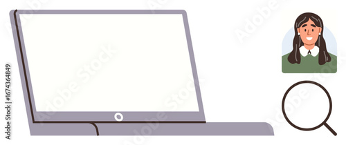 Open laptop with blank screen, magnifying glass, and avatar photo of a smiling person. Ideal for recruitment, education, technology, research, communication teamwork user interface. Simple flat