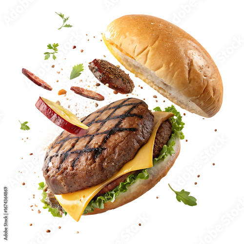 Grill burger, realistic 3d burgers falling in the air, grilled meat collection, ultra realistic, icon, falling, flying, detailed, angle view food photo, burger composition.