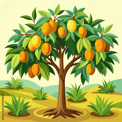 Vibrant orange fruits ripen on a lush green tree, creating a bountiful harvest scene in a stylized, sunny landscape, perfect for healthy living and natural themes.