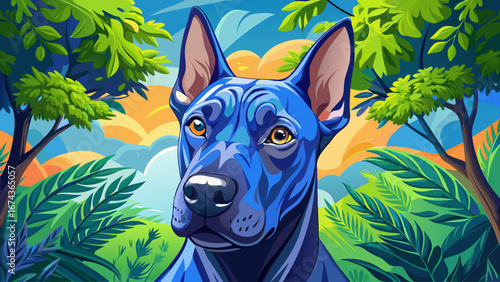 portrait of a beautiful blue thai ridgeback dog against a green tree in summer