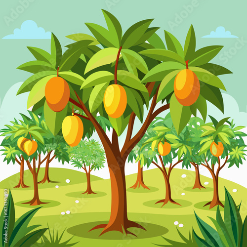 Vibrant orchard bursting with ripe, juicy fruits hanging from lush green trees under a clear sky with fluffy clouds, creating a picturesque scene of abundance and natural beauty.
