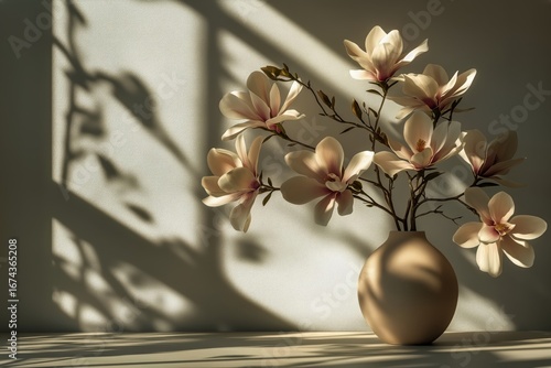 Beautiful Magnolia Flowers in a Vase Casting Delicate Shadows on a Wall in Wa...
