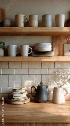 Minimalist Kitchen Display Featuring Rustic Ceramics and Wooden Shelves in Wa...