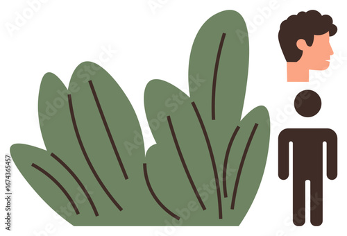 Combination of a human figure, detached head, and lush green foliage. Ideal for nature, identity, environment, privacy, individuality self-concept and awareness. Simple flat metaphor