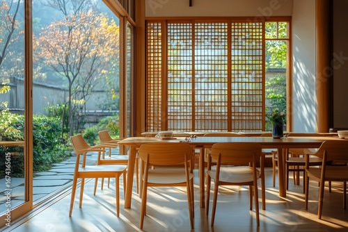 Modern Cafe Interior Featuring Wooden Furniture and Large Windows Showcasing ...