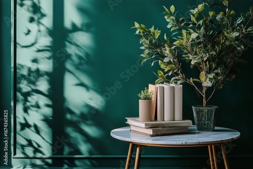 Stylish Green Room With Modern Decor, Plants, and a Round Coffee Table in Aft...