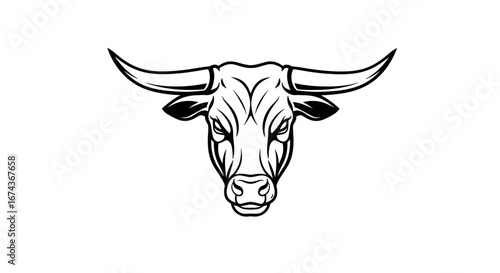 Detailed black and white bull head vector illustration with horns for tattoo or logo design concept -