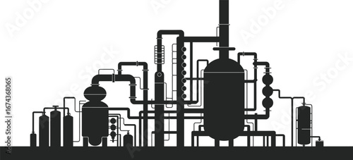Silhouette of chemical industrial plant with complex pipeline systems, large storage tanks, distillation columns, industrial machinery, factory infrastructure, and process equipment